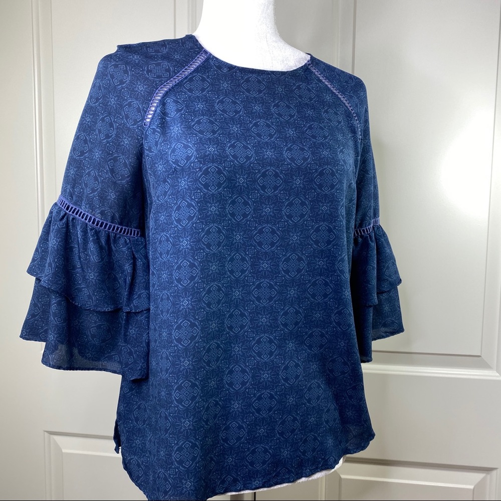 Octavia Navy bell ruffle 3/4 sleeve blouse